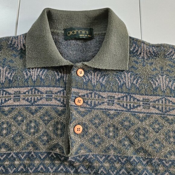 Giannini Polo Sweater Men 52/L Multi LS Buttons Collar Tribal Aztec Geo Vintage - Picture 10 of 15